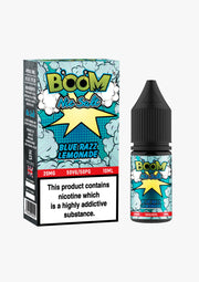 10ml bottle of Boom Nic Salt E-Liquid in Blue Razz Lemonade flavor, blending tangy blue raspberry with zesty lemonade; 50/50 VG/PG ratio for balanced flavor and vapor, available in 10mg and 20mg nicotine salt strengths, perfect for pod kits.